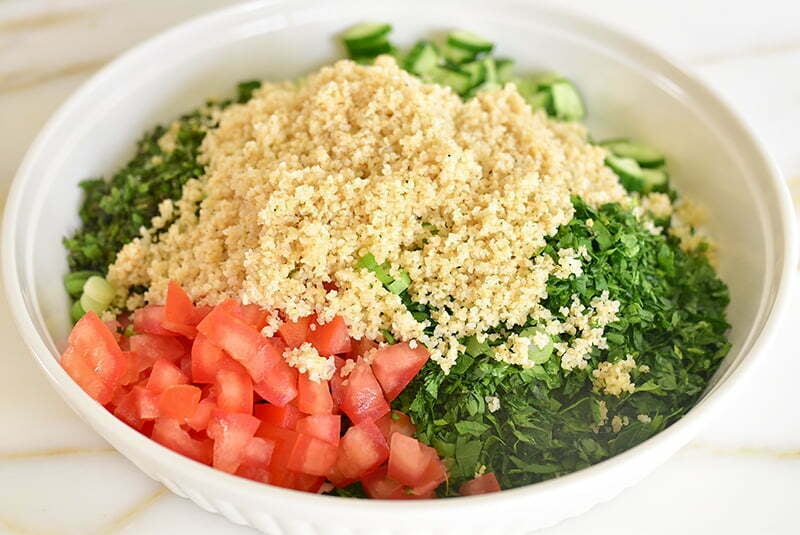 Tabbouleh ingredients with bulgur in a bowl