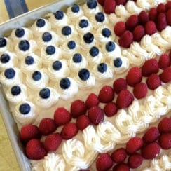 Flag cake with raspberries and blueberries