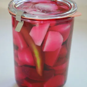 Pink turnip pickles in a weck jar