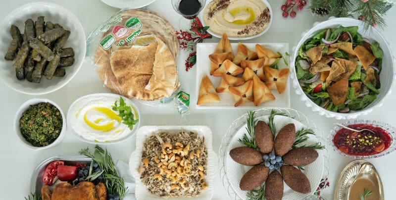 Lebanese food as the Mediterranean Diet in dishes on the table