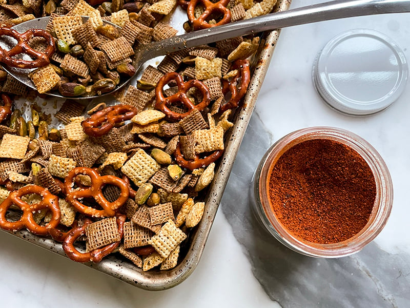 Chex mix with jar of 7 Spice