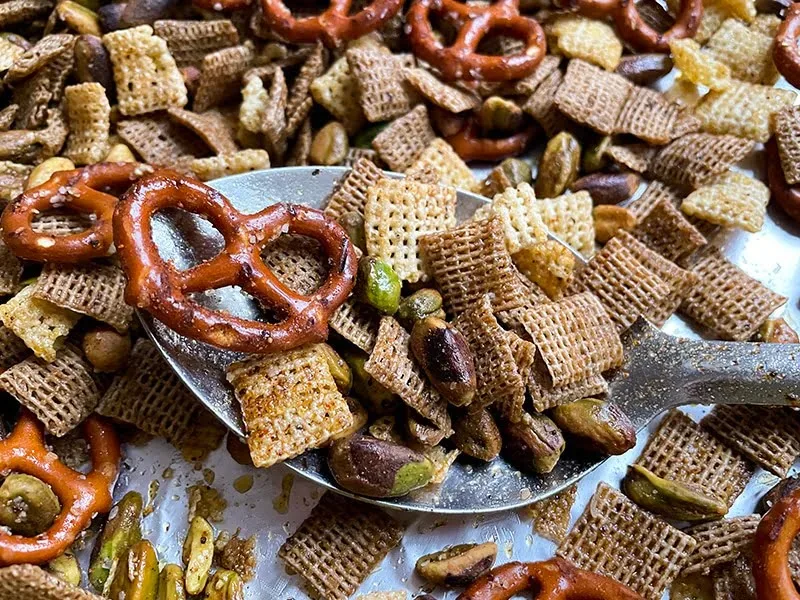 Chex mix with olive oil, pretzels and nuts