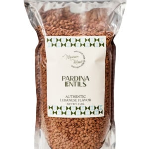 Brown lentils in a tall silver pouch