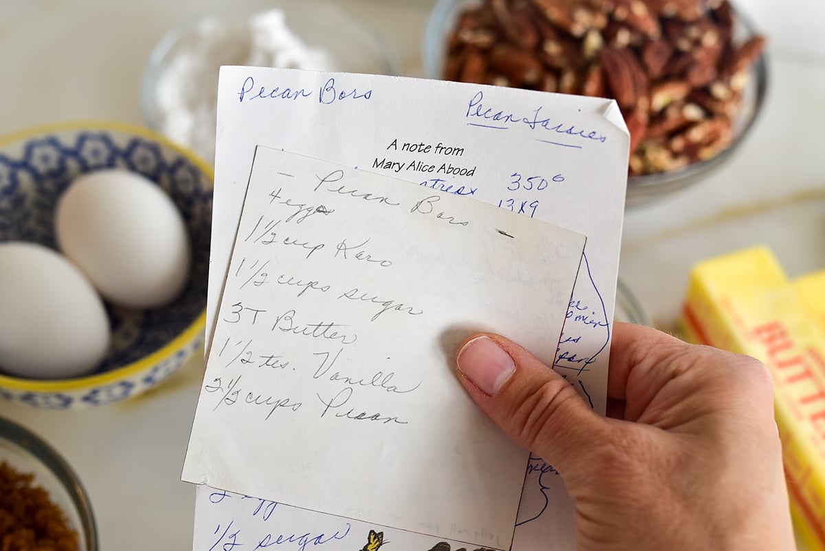 Handwritten recipes in a hand