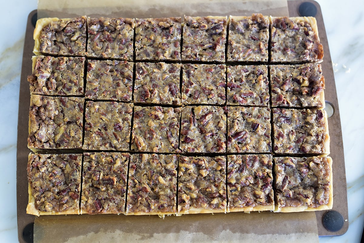 Pecan pie bars cut in 24 squares