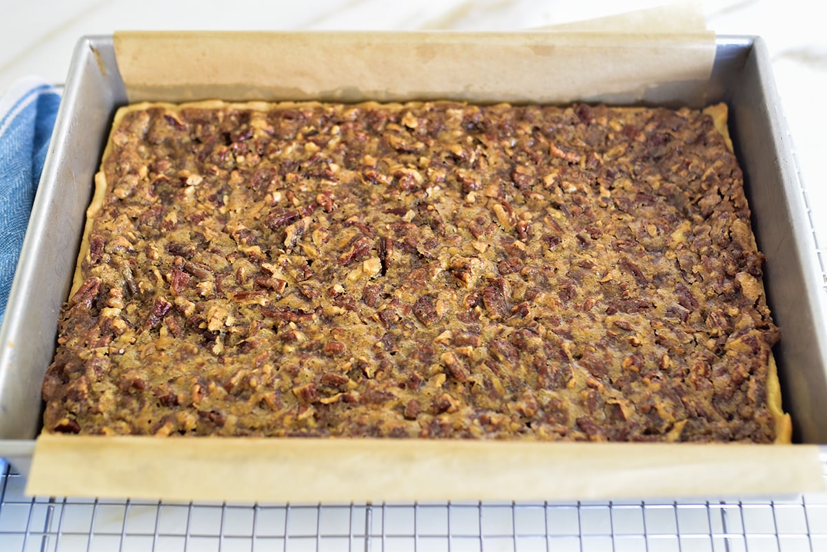 Pecan pie bars in the pan