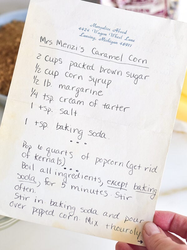 Handwritten recipe for caramel corn