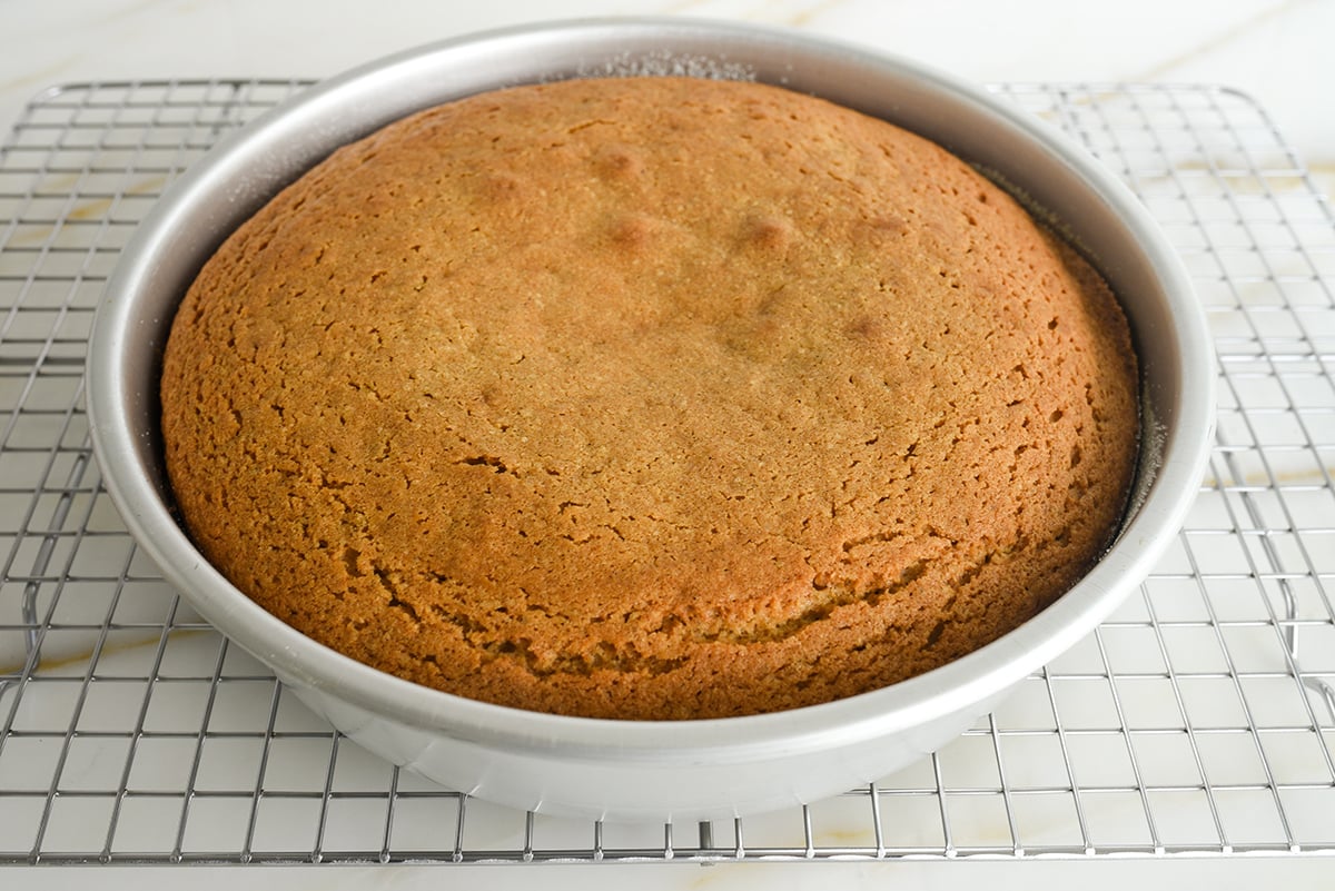 Baked cardamom cake in a round pan on a wire rack