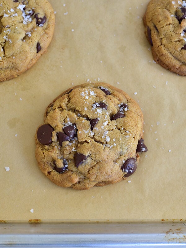 salted chocolate chip cookie on parchment paper