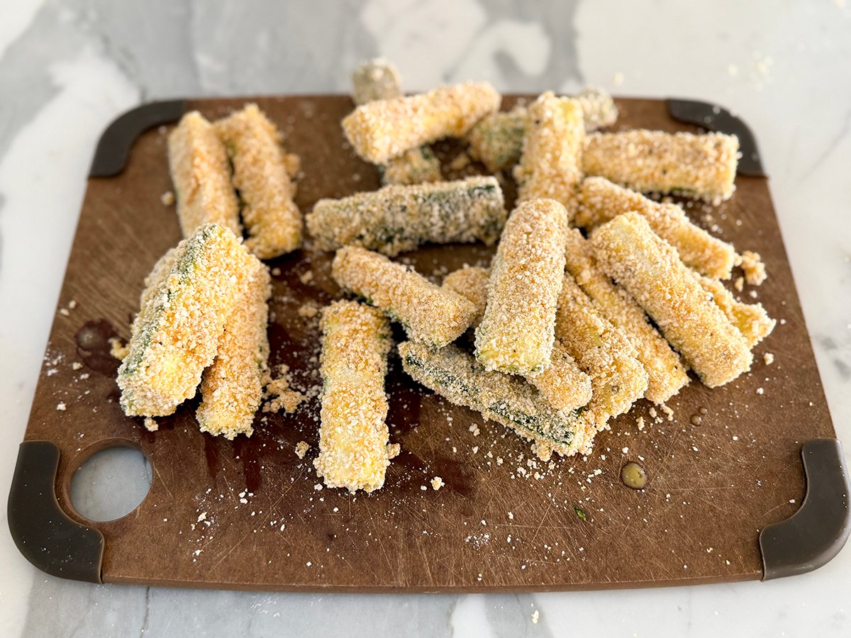 Zucchini breaded and ready for the fryer