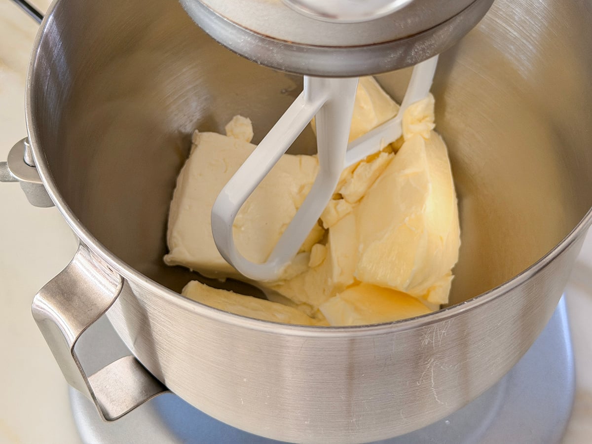 Cream cheese and butter in a stand mixer