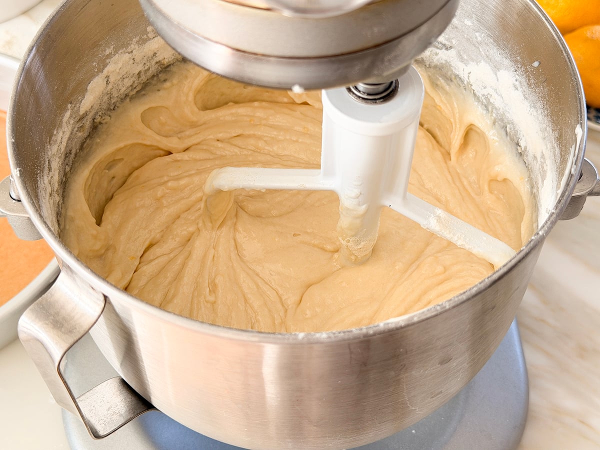 Batter for lemon cake in a stand mixer