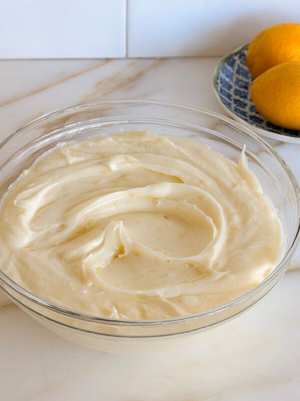 soft lemon buttercream in a glass bowl