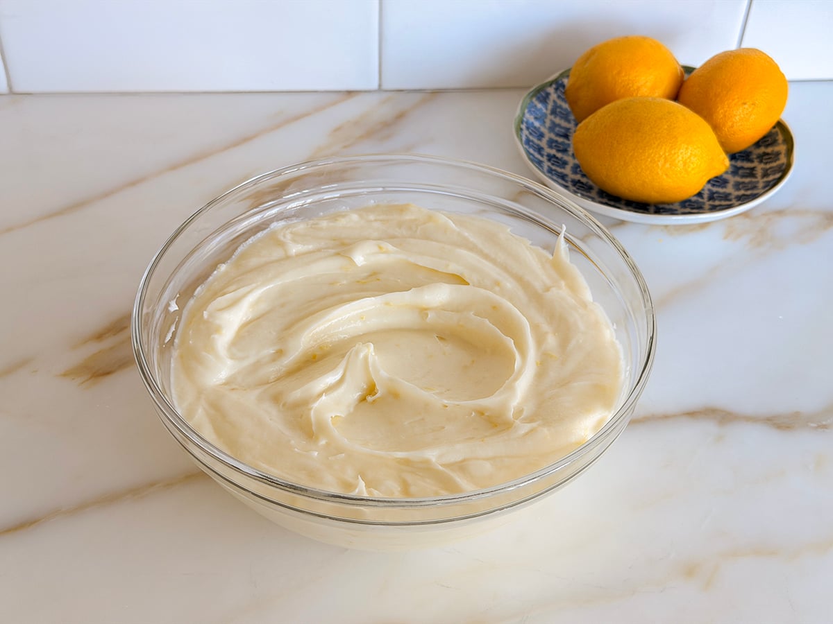 soft lemon buttercream in a glass bowl