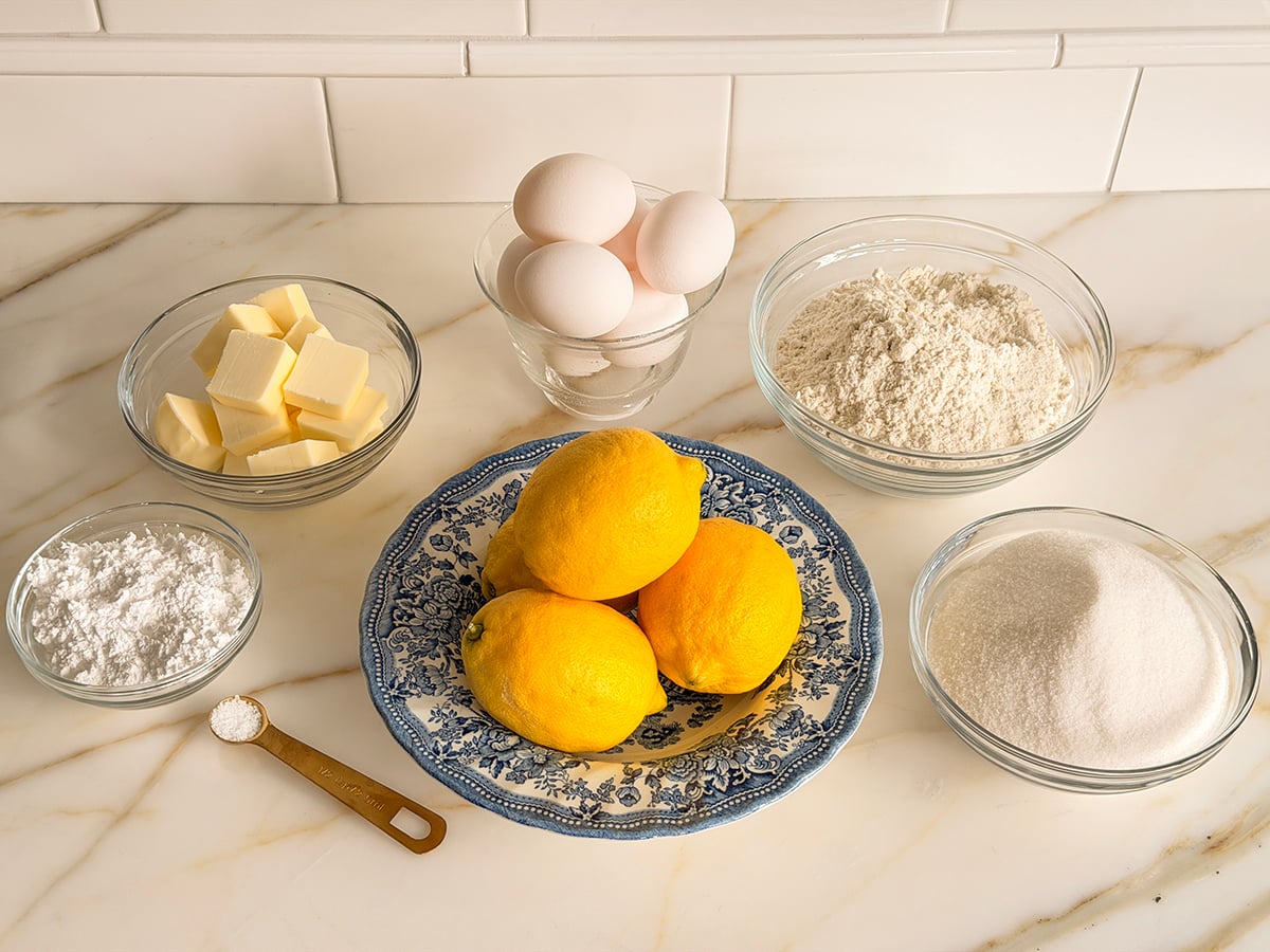 Ingredients for lemon bars on a marble counter