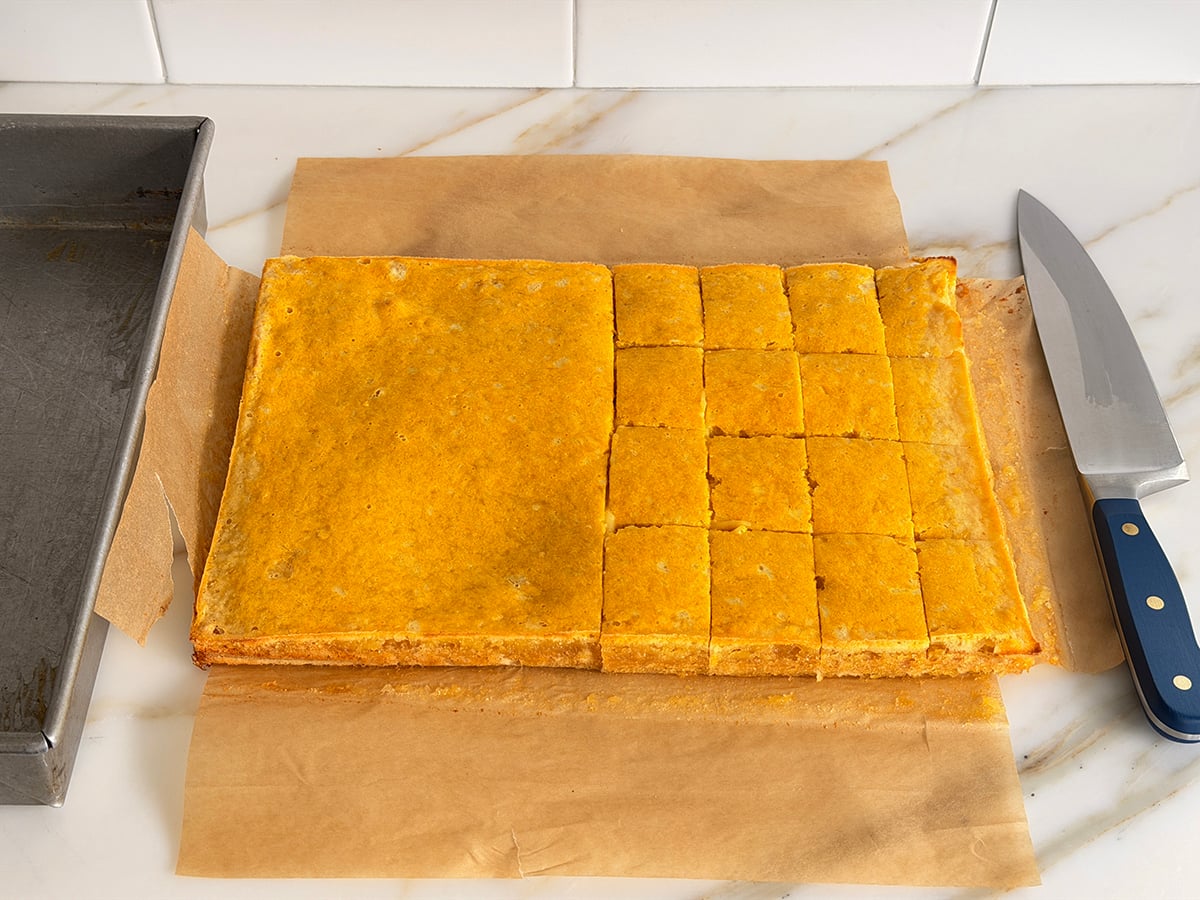 Block of lemon bars cut into bars